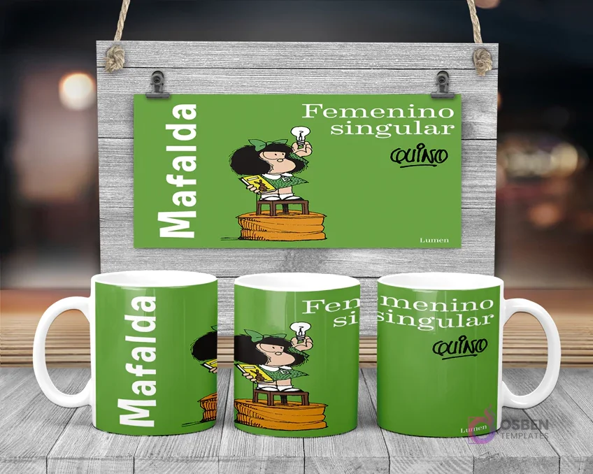 Taza de sublimación de Mafalda con bombilla de idea y texto 'Femenino singular' de Quino