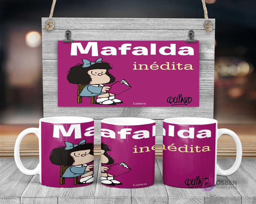 Taza de sublimación de Mafalda leyendo un libro con el texto 'Mafalda inédita'