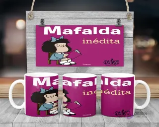 Taza de sublimación de Mafalda leyendo un libro con el texto 'Mafalda inédita'