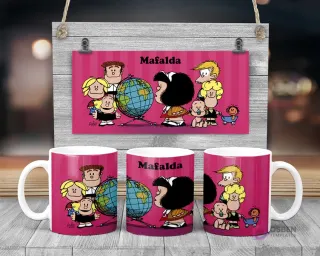 Taza de sublimación de Mafalda y sus amigos (Manolito, Susanita, Miguelito, Felipe) observando el globo terráqueo