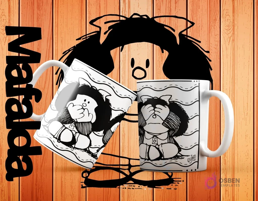 Dos tazas blancas de sublimación con un diseño de Mafalda tapándose los ojos con las manos, en un estilo de dibujo a tinta blanco y negro sobre fondo blanco con líneas.