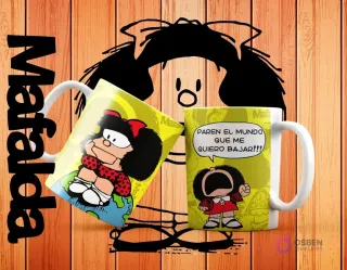 Dos tazas blancas de sublimación con diseños de Mafalda. Una la muestra sentada sobre un globo terráqueo y la otra gritando '¡Paren el mundo que me quiero bajar!!!' sobre un fondo amarillo.