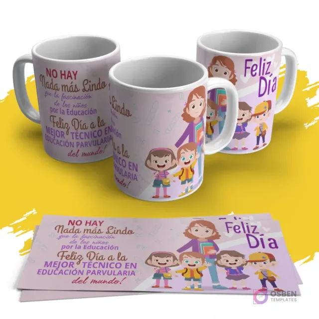 Tazas sublimadas con diseño rosa y mensaje 'Feliz Día a la Mejor Técnico en Educación Parvularia del mundo', junto a una educadora y niños