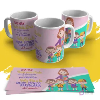 Tazas sublimadas con diseño de educadora y niños en fondo rosa con detalles turquesa, mensaje 'Feliz Día a la MEJOR TÉCNICO EN EDUCACIÓN PARVULARIA del mundo'