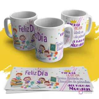 Tazas sublimadas con diseño de niños leyendo y mensaje 'Feliz Día, Técnica Asistente en Educación de párvulos del mundo Mundial', estrellas