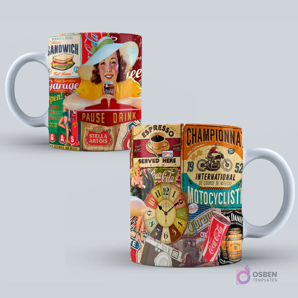 Taza con diseños vintage de anuncios clásicos, mujer retro bebiendo Coca-Cola, relojes antiguos y señales de garaje para sublimación.