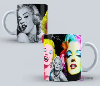 Taza con icónicos diseños de Marilyn Monroe, incluyendo retrato en blanco y negro y versiones pop art a todo color para sublimación.