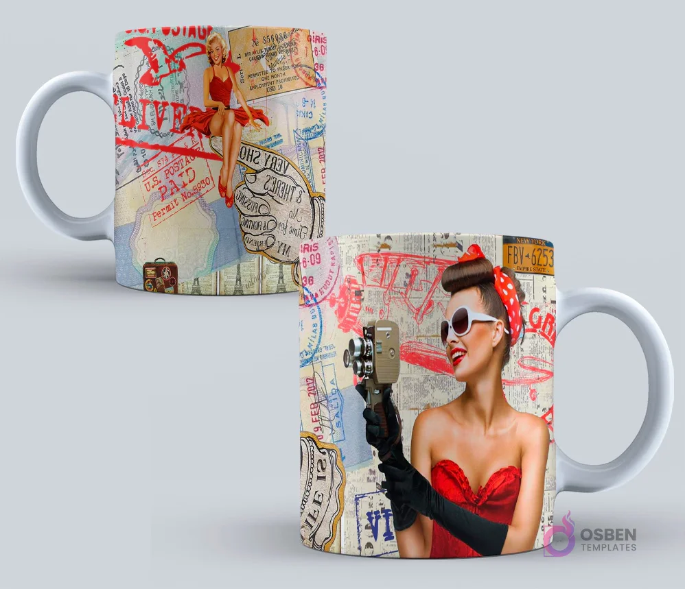 Taza con diseño de sellos postales y pasaportes vintage, con mujer pin-up vestida de rojo sosteniendo una cámara de cine retro.