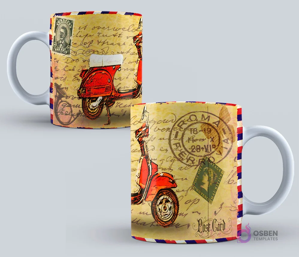 Taza con diseño de estilo postal vintage, mostrando una motoneta Vespa roja clásica y sellos postales antiguos sobre fondo de texto.