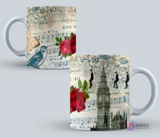Taza con diseño de partitura musical vintage, flores, pájaros, y siluetas en bicicleta con el Big Ben de Londres al fondo.