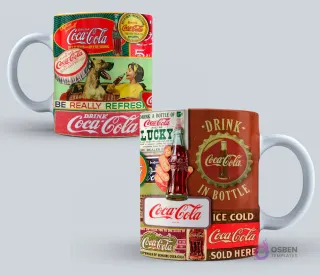 Taza con múltiples diseños de anuncios vintage de Coca-Cola, destacando su iconografía clásica y eslóganes.