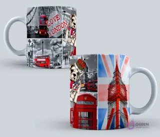 Taza con collage de iconos de Londres, incluyendo el Big Ben, autobús rojo de dos pisos, cabina telefónica, bandera Union Jack y un bulldog con corona.