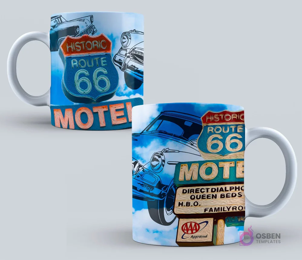 Taza con diseño de la mítica Ruta 66, señal de motel retro y un coche clásico americano bajo un cielo azul.