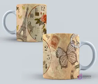 Taza con diseño parisino vintage, featuring la Torre Eiffel, un reloj antiguo, mariposas y sellos postales sobre un fondo envejecido.