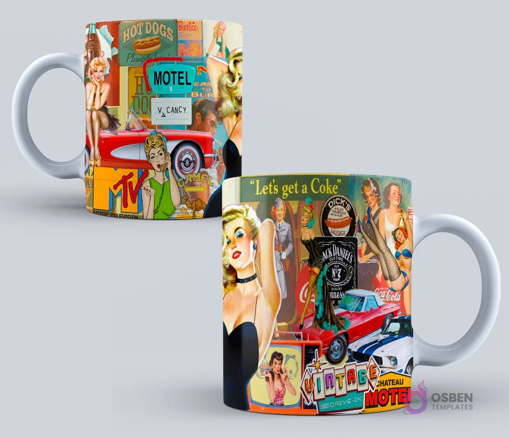 Taza con un dinámico collage de publicidad retro, incluyendo varias pin-up girls, coches clásicos, logos de marcas y un ambiente festivo.