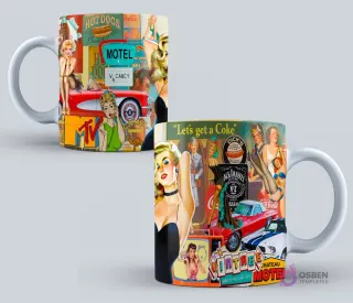 Taza con un dinámico collage de publicidad retro, incluyendo varias pin-up girls, coches clásicos, logos de marcas y un ambiente festivo.