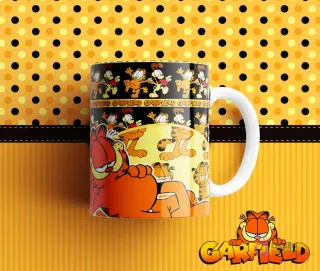 Taza de sublimación con diseño de Garfield tumbado, rodeado de patrones de sí mismo en varias poses. Fondo amarillo con lunares y rayas.