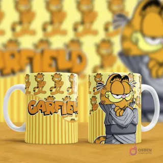 Par de tazas de sublimación. Una con el logo 'Garfield' en amarillo y la otra con Garfield vestido de monje o ninja. Fondo borroso con patrones de Garfield.