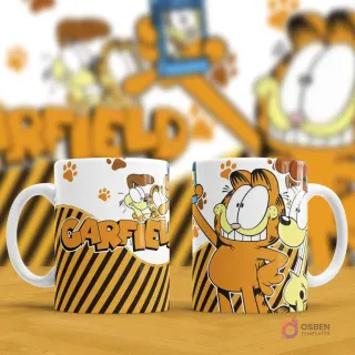 Par de tazas de sublimación. Una con el logo 'Garfield' y la otra con Garfield sonriente junto a Odie. Fondo blanco borroso con patrones de Garfield y huellas de perro.