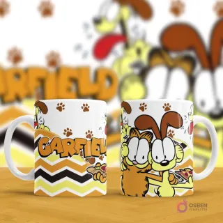 Par de tazas de sublimación. Una con el logo 'Garfield' y la otra con Garfield y Odie compartiendo hot dogs y pizza. Fondo blanco borroso con patrones de Garfield y huellas de perro.
