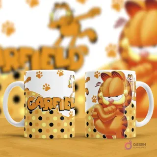 Par de tazas de sublimación. Una con el logo 'Garfield' y la otra con Garfield de brazos cruzados, con expresión de enfado o desaprobación. Fondo blanco borroso con patrones de Garfield y puntos.