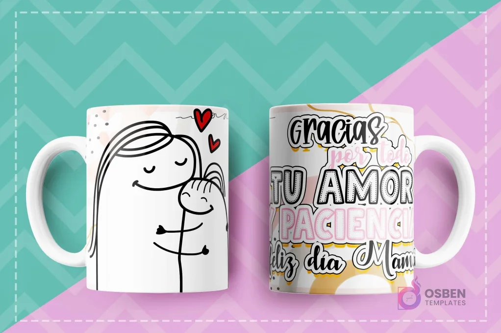 Taza sublimada con diseño Flork de mamá abrazando a su hija y mensaje Gracias por todo tu amor y paciencia Feliz Día Mamá