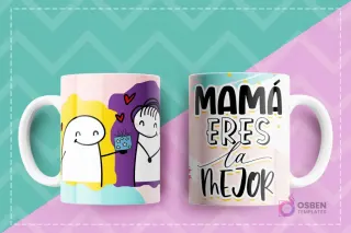 Taza con diseño Flork donde un personaje entrega un regalo a una mamá y la frase Mamá eres la mejor