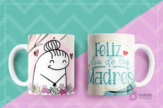 Taza sublimada con Flork mamá de moño rodeada de flores y el mensaje Feliz día de las Madres