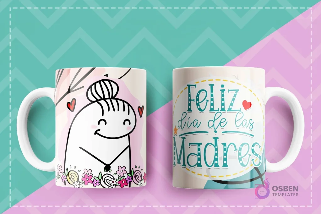 Taza sublimada con Flork mamá de moño rodeada de flores y el mensaje Feliz día de las Madres