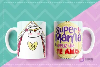Taza con diseño Flork de una Super Mamá con capa y escudo 'SM', acompañada del texto Super Mamá feliz día te amo