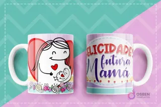 Taza sublimada con Flork embarazada y un bebé en un corazón, y el mensaje Felicidades Futura Mamá