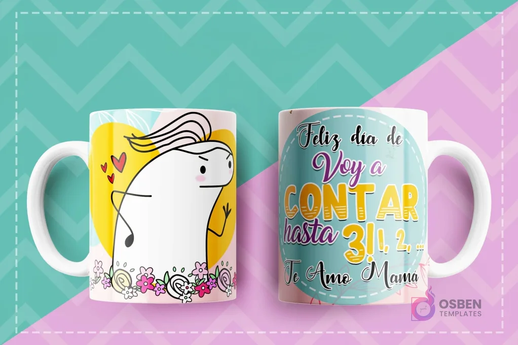 Taza con diseño Flork señalando con expresión de advertencia y corazones, y el mensaje Feliz día de voy a contar hasta 3! 1, 2... Te amo Mamá