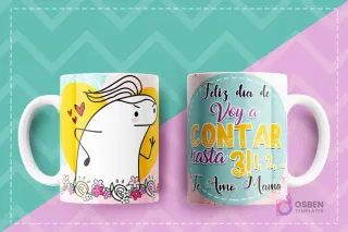 Taza con diseño Flork señalando con expresión de advertencia y corazones, y el mensaje Feliz día de voy a contar hasta 3! 1, 2... Te amo Mamá