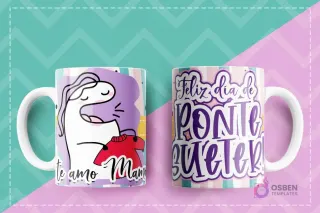 Taza sublimada con Flork pidiendo 'Ponte Suéter' con un suéter rojo en mano, y el texto Feliz día de ponte suéter Te amo Mamá