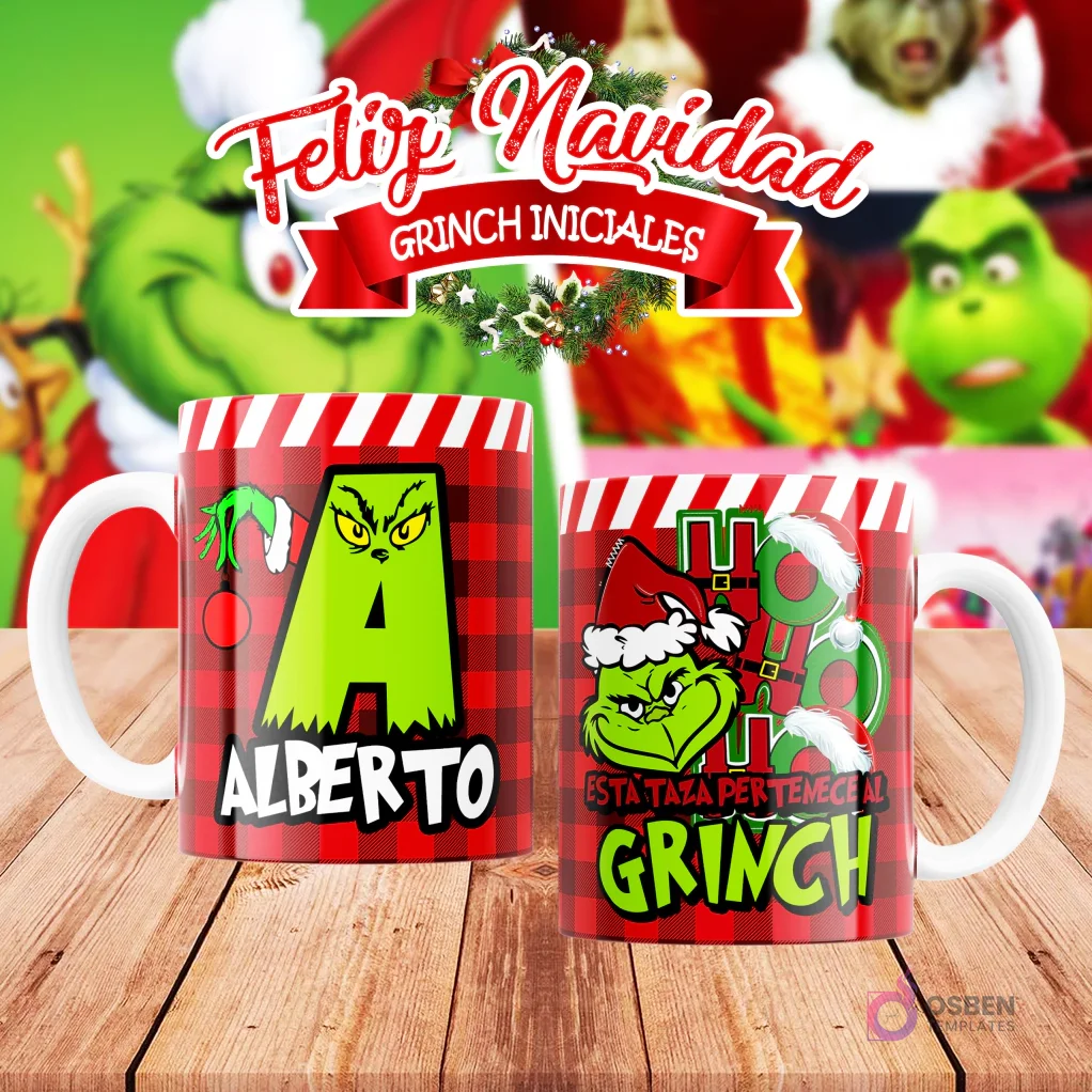 Taza de sublimación del Grinch temática de Navidad con la inicial 'A' y el nombre de ejemplo 'ALBERTO', sobre fondo a cuadros rojo y blanco, junto a otra taza del Grinch con diseño navideño 'Esta Taza Pertenece al Grinch'. El fondo general muestra personajes del Grinch en Navidad.