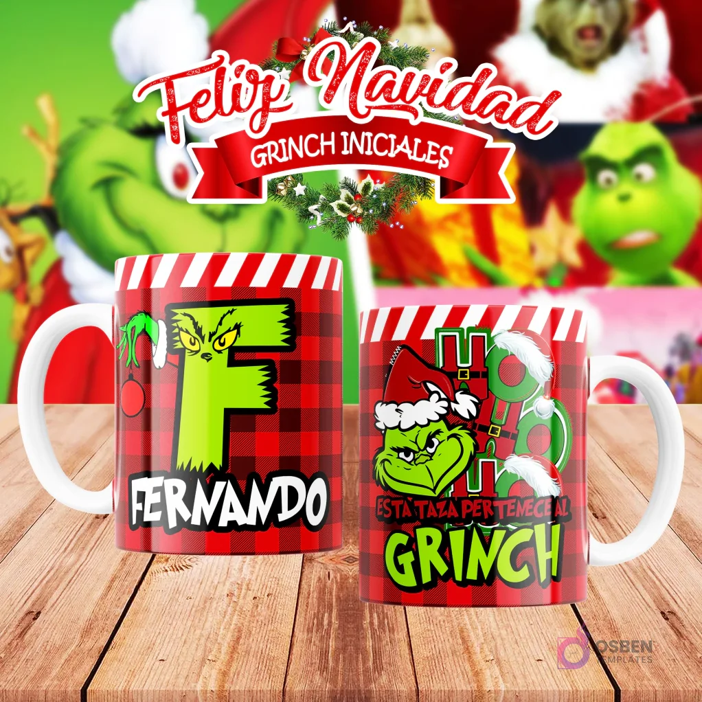 Taza de sublimación del Grinch temática de Navidad con la inicial 'F' y el nombre de ejemplo 'FERNANDO', sobre fondo a cuadros rojo y blanco, junto a otra taza del Grinch con diseño navideño 'Esta Taza Pertenece al Grinch'. El fondo general muestra personajes del Grinch en Navidad.