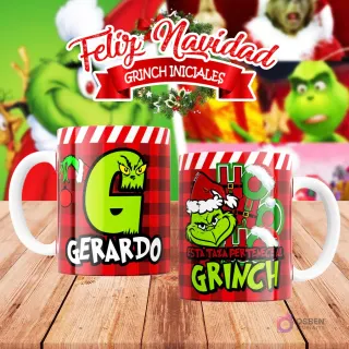 Taza de sublimación del Grinch temática de Navidad con la inicial 'G' y el nombre de ejemplo 'GERARDO', sobre fondo a cuadros rojo y blanco, junto a otra taza del Grinch con diseño navideño 'Esta Taza Pertenece al Grinch'. El fondo general muestra personajes del Grinch en Navidad.