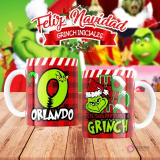 Taza de sublimación del Grinch temática de Navidad con la inicial 'O' y el nombre de ejemplo 'ORLANDO', sobre fondo a cuadros rojo y blanco, junto a otra taza del Grinch con diseño navideño 'Esta Taza Pertenece al Grinch'. El fondo general muestra personajes del Grinch en Navidad.