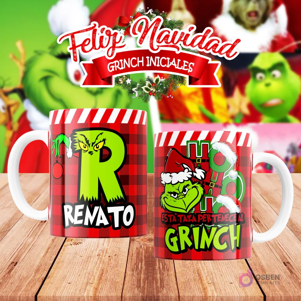 Taza de sublimación del Grinch temática de Navidad con la inicial 'R' y el nombre de ejemplo 'RENATO', sobre fondo a cuadros rojo y blanco, junto a otra taza del Grinch con diseño navideño 'Esta Taza Pertenece al Grinch'. El fondo general muestra personajes del Grinch en Navidad.
