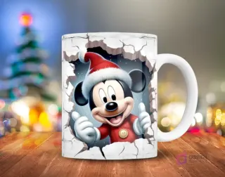 Mickey Mouse festivo con gorro de Santa y pulgares arriba, saliendo de una superficie blanca agrietada 3D, en una taza.
