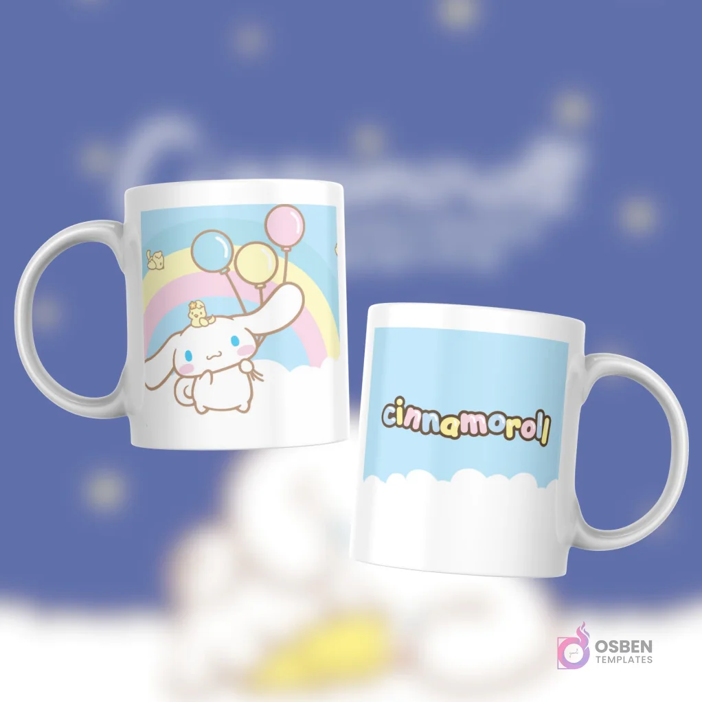 Taza blanca con diseño de Cinnamoroll flotando con globos multicolores, un pollito, arcoíris y nubes en fondo celeste.