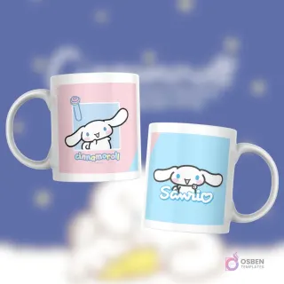 Taza blanca con diseño bicolor rosa y azul claro, Cinnamoroll asomándose y texto 'cinnamoroll!' o logo de Sanrio con corazón.