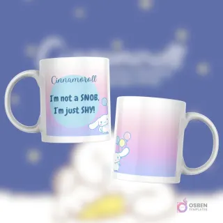 Taza blanca con diseño de Cinnamoroll sosteniendo globos, frase 'I'm not a SNOB, I'm just SHY!' en fondo degradado rosa-azul.
