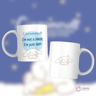 Taza blanca con diseño de Cinnamoroll sentado tiernamente con mejillas rosadas y pequeños corazones, texto 'I'm not a SNOB, I'm just SHY!'.