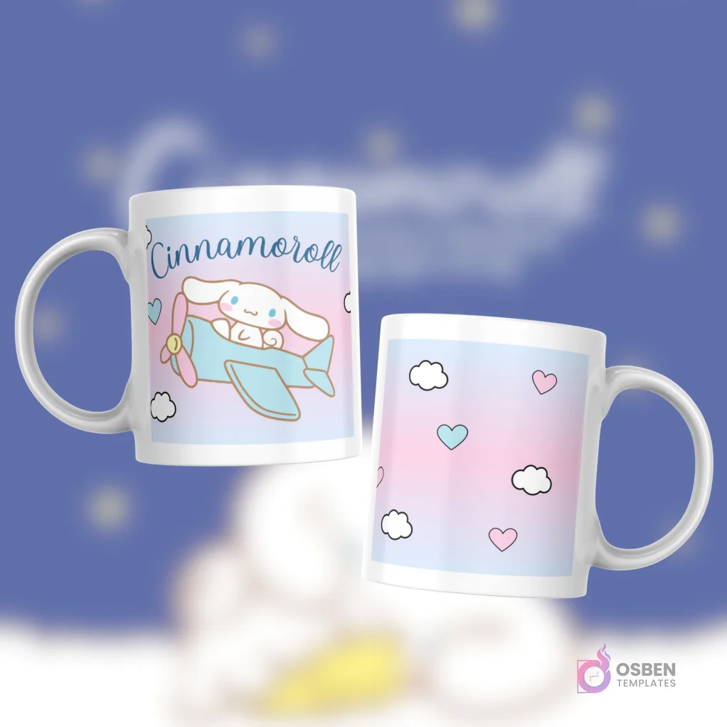 Taza blanca con diseño de Cinnamoroll pilotando un avión celeste, sobre fondo degradado pastel con nubes y pequeños corazones.