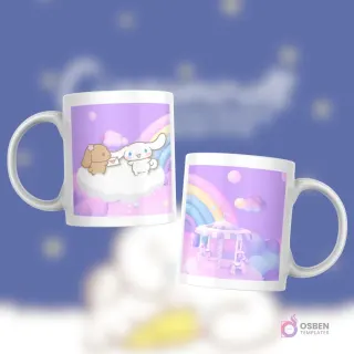 Taza blanca con diseño de Cinnamoroll y un amigo en una nube, arcoíris y un carrusel de tonos pastel en un fondo de fantasía.