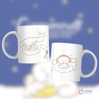 Taza blanca con diseño de Cinnamoroll tocando guitarra y cantando, y otro con auriculares escuchando música, ambos en nubes.