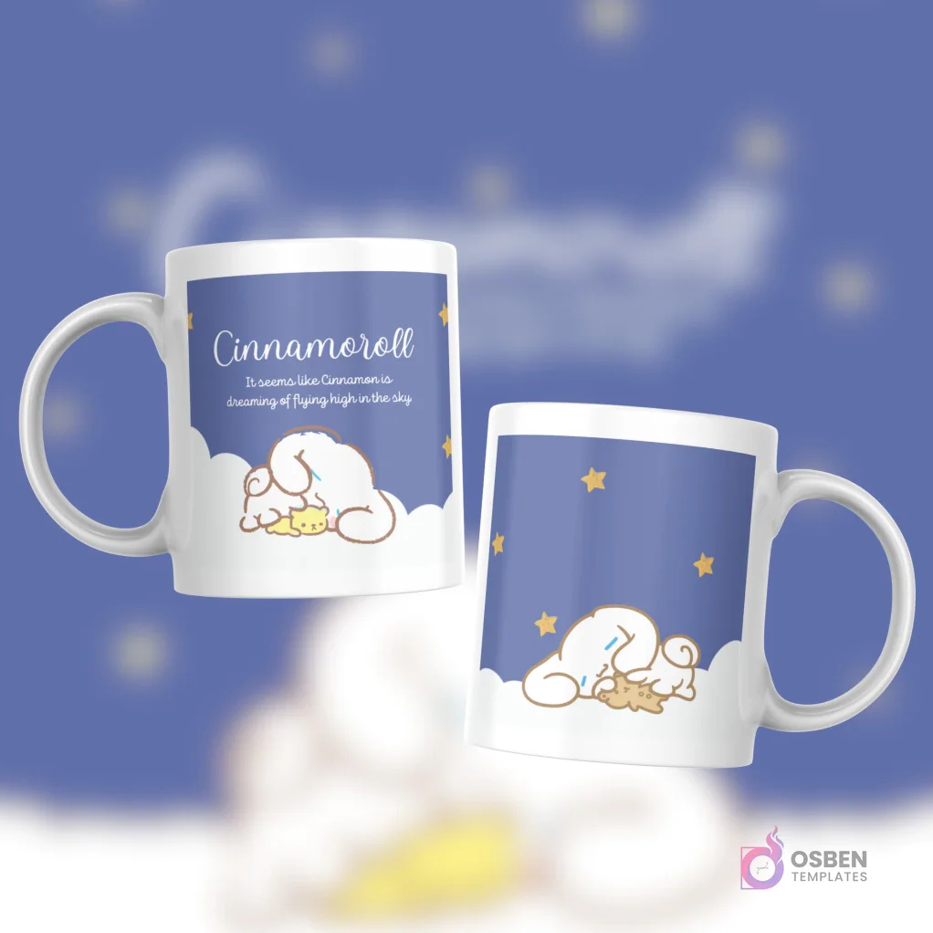 Taza blanca con diseño de Cinnamoroll dormido con un amigo, y la frase 'It seems like Cinnamoroll is dreaming of flying high in the sky' sobre un cielo nocturno estrellado.