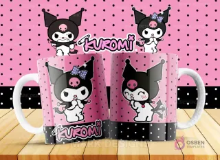 Taza personalizada con Kuromi en pose tímida con mejillas sonrojadas, sobre un fondo rosa de lunares. La base de la taza es negra con lunares blancos. Parte de la colección vol.2 de Sanrio.