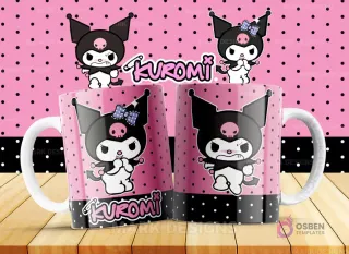 Taza de sublimación con diseño de Kuromi enojada o frunciendo el ceño, con sus característicos cuernos y cráneo. Fondo rosa de lunares y base negra punteada. Ideal para fans de su lado más rebelde.
